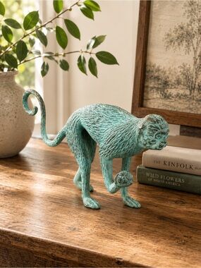 Vintage Turquoise Patina Spider Monkey Figurine Metal Sculpture Mid Century
